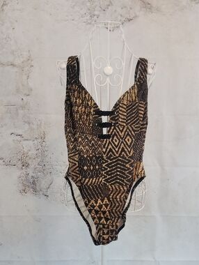 Baja Blue Geometric Print One-Piece Swimsuit in Black and Gold Womens Size 8